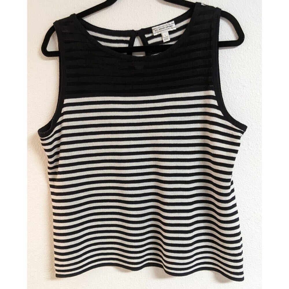 ST. JOHN Sport Black & White Striped Sleeveless Wool/Rayon Blend Knit Top LG